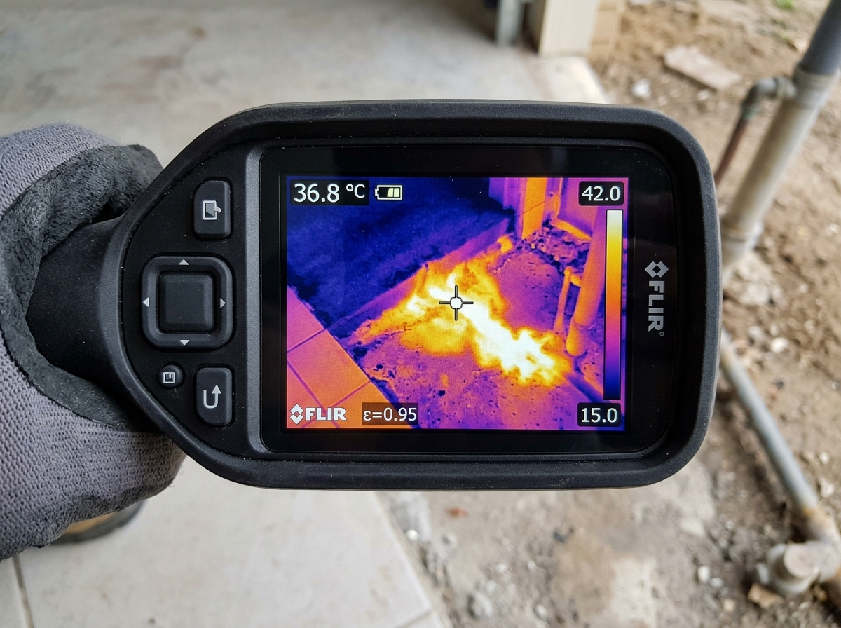 Thermal imaging of hot water slab leak repair Cedar Park showing warm floor zone